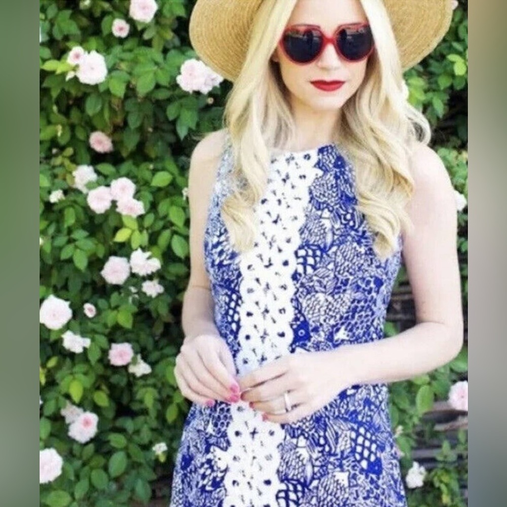 LILLY PULITZER For Target Blue Upstream Fish White Embroidery Shift Dress Sz 8